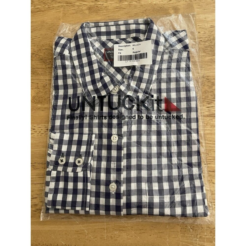 UNTUCKit Women's Belleza Button Up Long Sleeve Blue Gingham Plaid Shirt Size 6